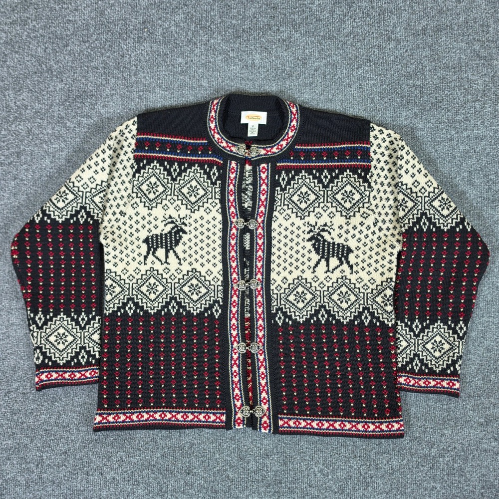Talbots Wool Nordic Reindeer Cardigan Sweater Italian Made Heart Clasps M Black